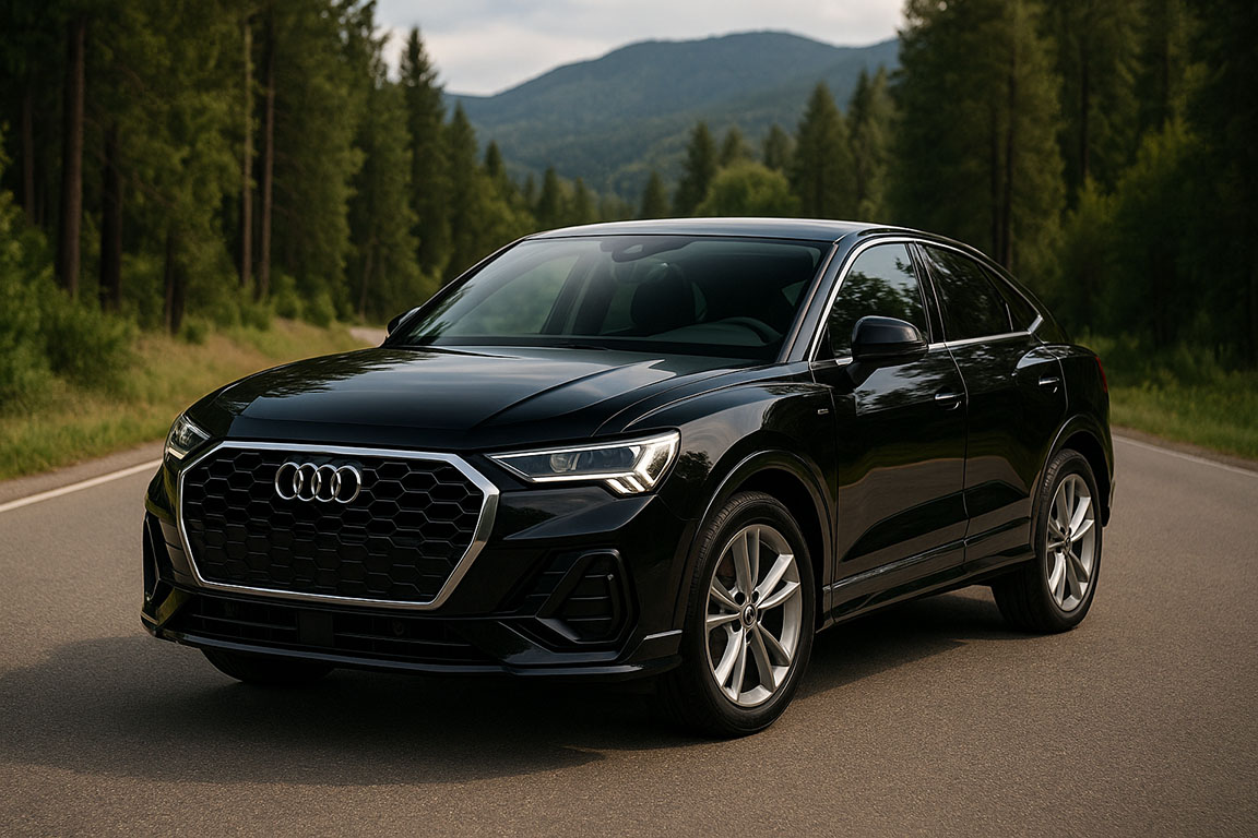 Audi Q3 Sportback negro en carretera de montaña rodeado de naturaleza, disponible para alquiler sin conductor en Baleares con BR Luxury Rental Cars