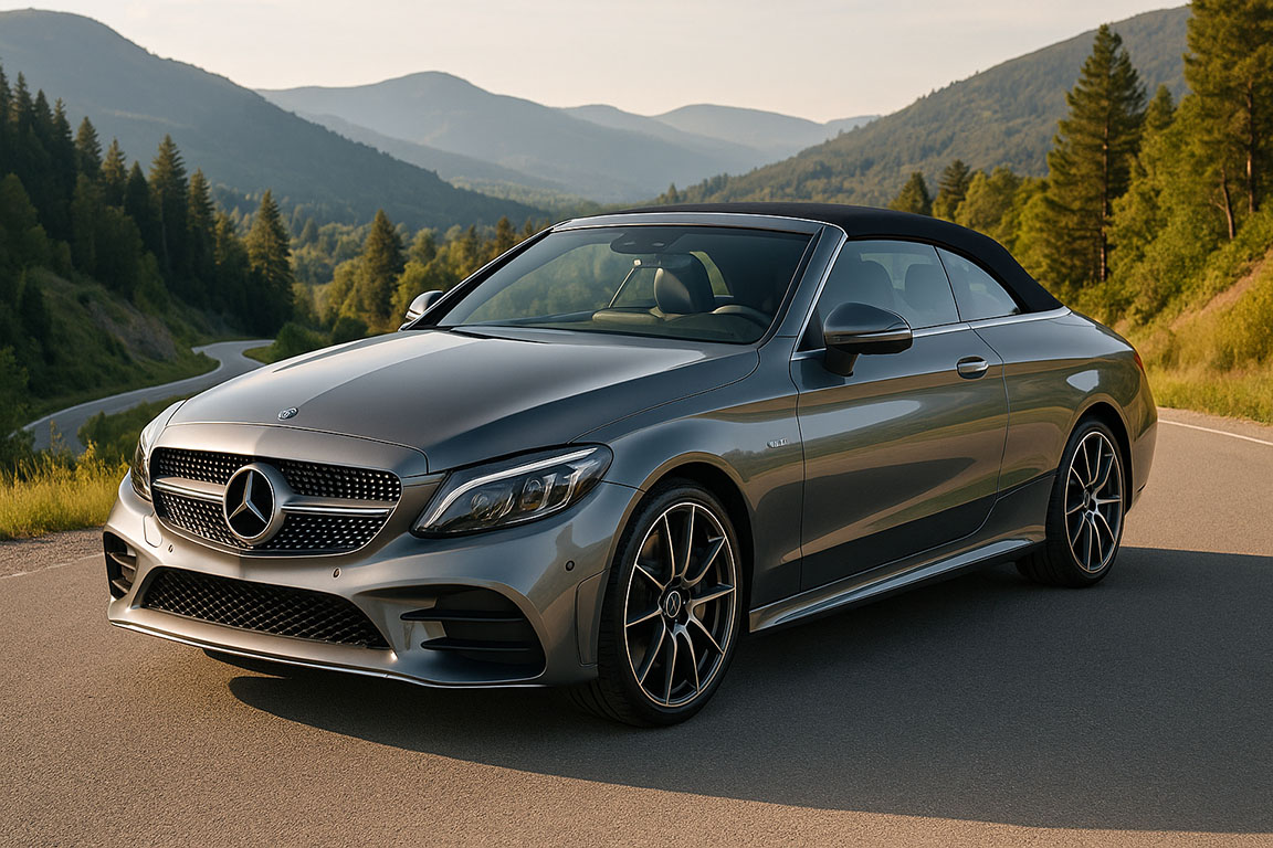 Mercedes-Benz C43 AMG descapotable de lujo en carretera de montaña, disponible para alquiler sin conductor en Baleares con BR Luxury Rental Cars
