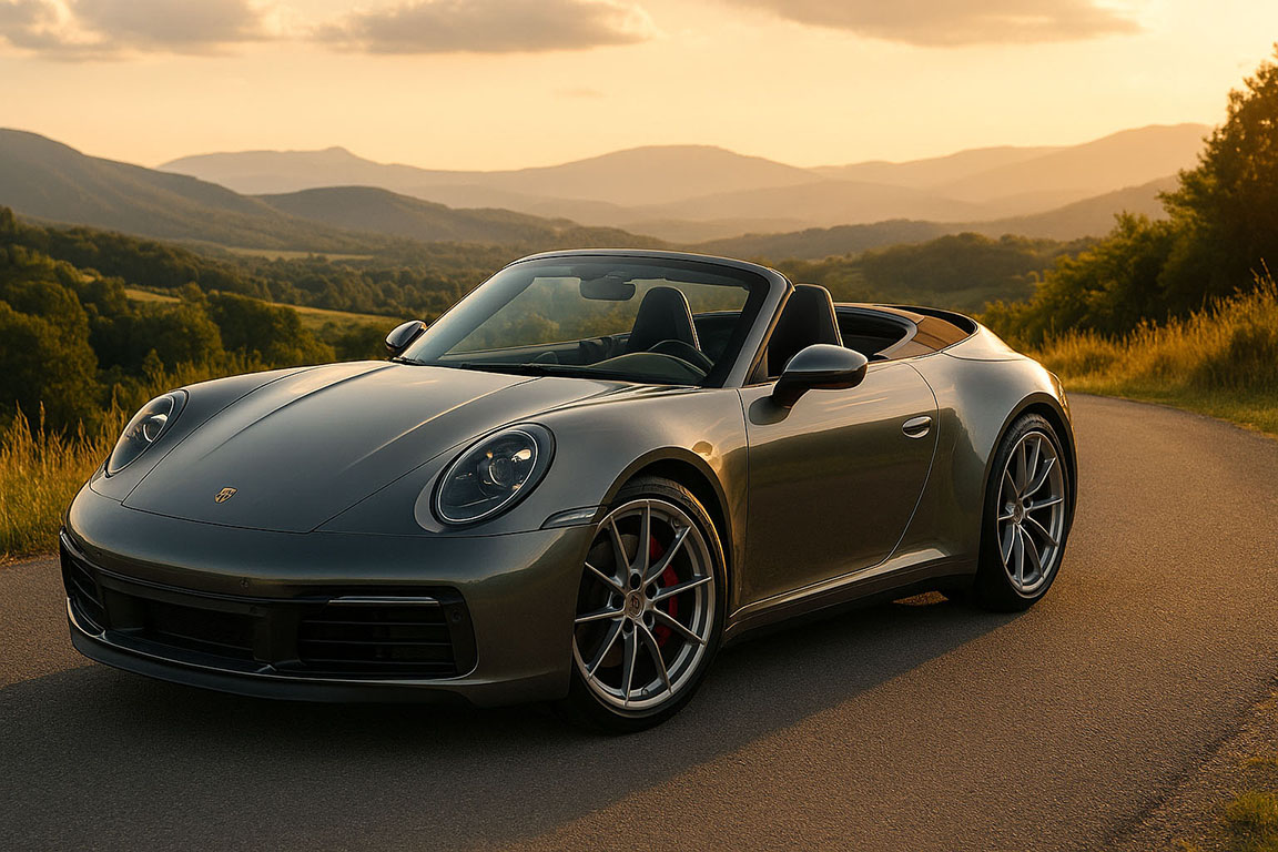 Porsche 911 descapotable de lujo en carretera de montaña al atardecer, disponible para alquiler sin conductor en Baleares con BR Luxury Rental Cars