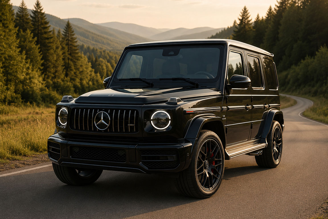 Mercedes-Benz G63 AMG negro en una carretera de montaña al atardecer.